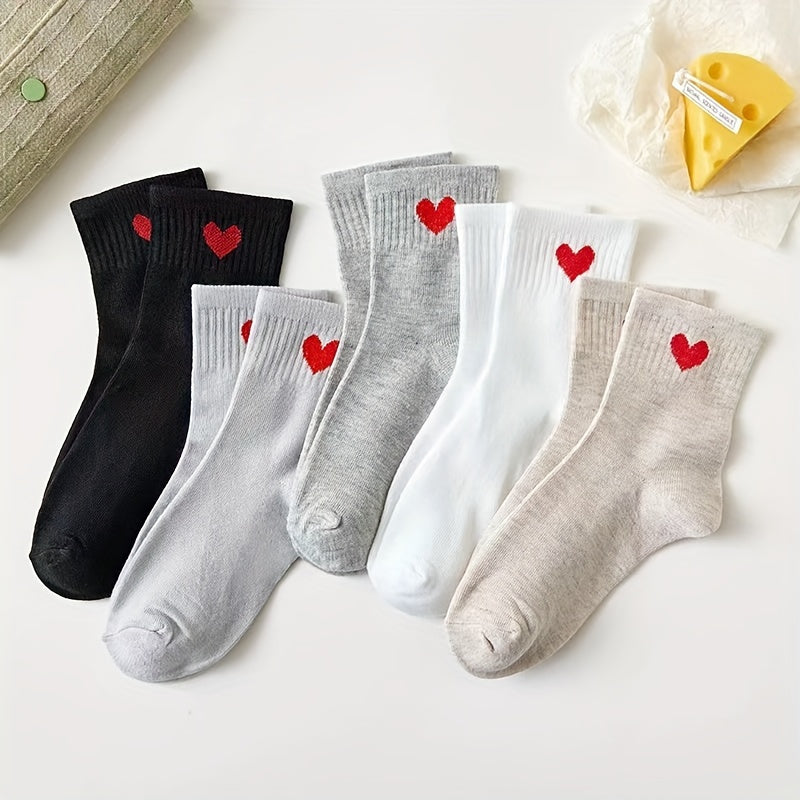 Women's Mid-Tube Socks 5 Pairs Heart Pattern Rib Knit Polyester Comfortable