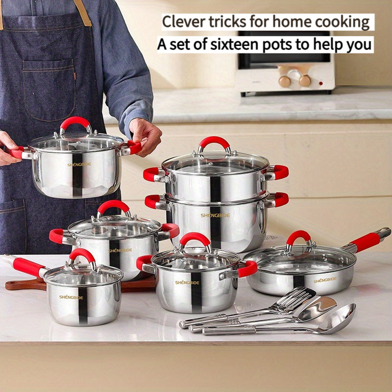 16-Piece Stainless Steel Cookware Set with Pots, Pans, Lids, and Utensils