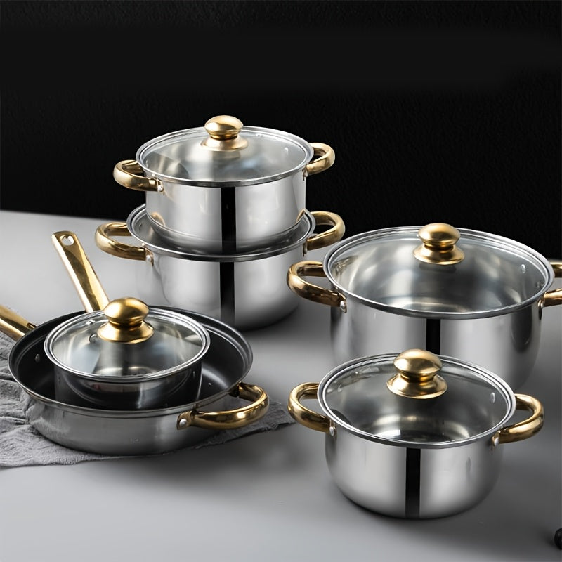 Stainless Steel Cookware Set 12-Piece Non-Stick Pots Pans Induction Glass Lid