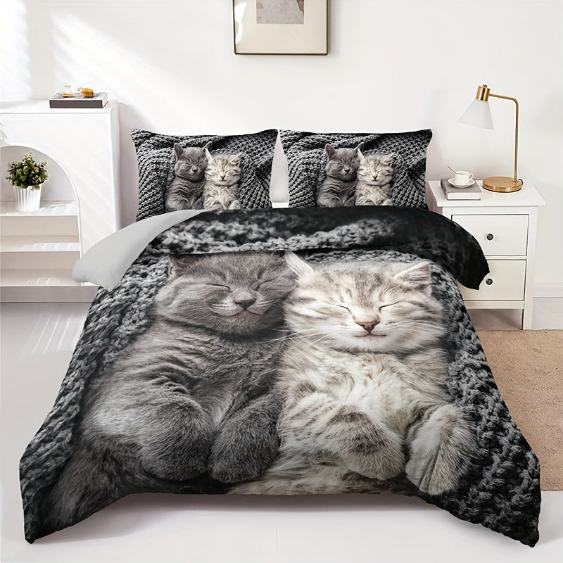 Cute Cat Print Duvet Cover Set 3 Pieces Soft Breathable Polyester All Seasons