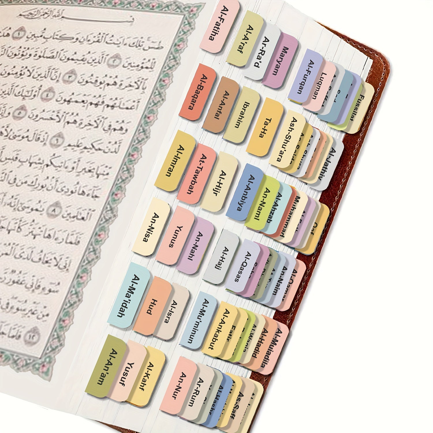 Self-Adhesive Quran Chapter Tabs Tear-Resistant Clear Printing 114 Tabs and 6 Blank