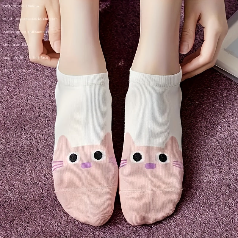 Women’s Ankle Socks 5 Pairs Cartoon Cat Print Soft Comfortable Knit Fabric