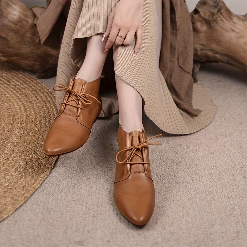 Women's Brown Leather Pointed Toe Ankle Flat Boots Winter Comfortable