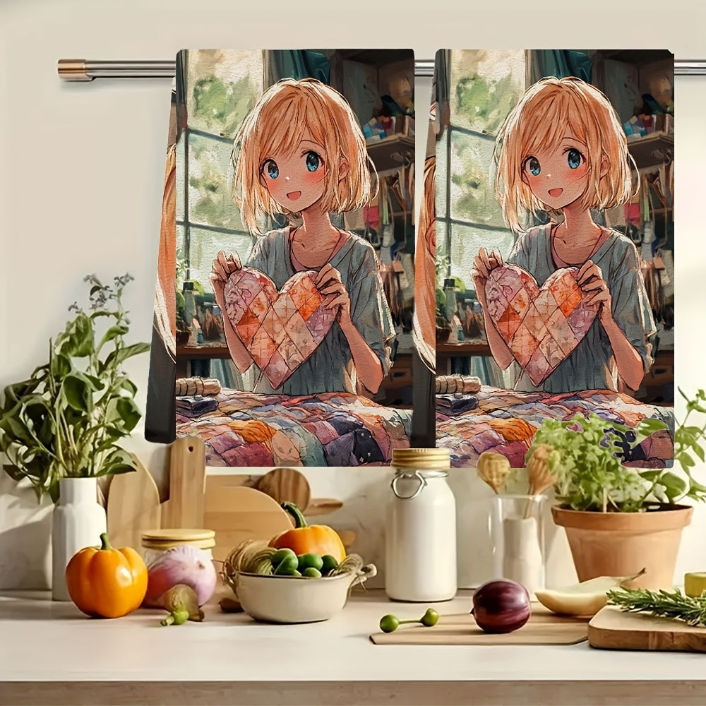 Set of 2 Anime Girl Kitchen Towels 16x24 Inches Ultra Soft Absorbent