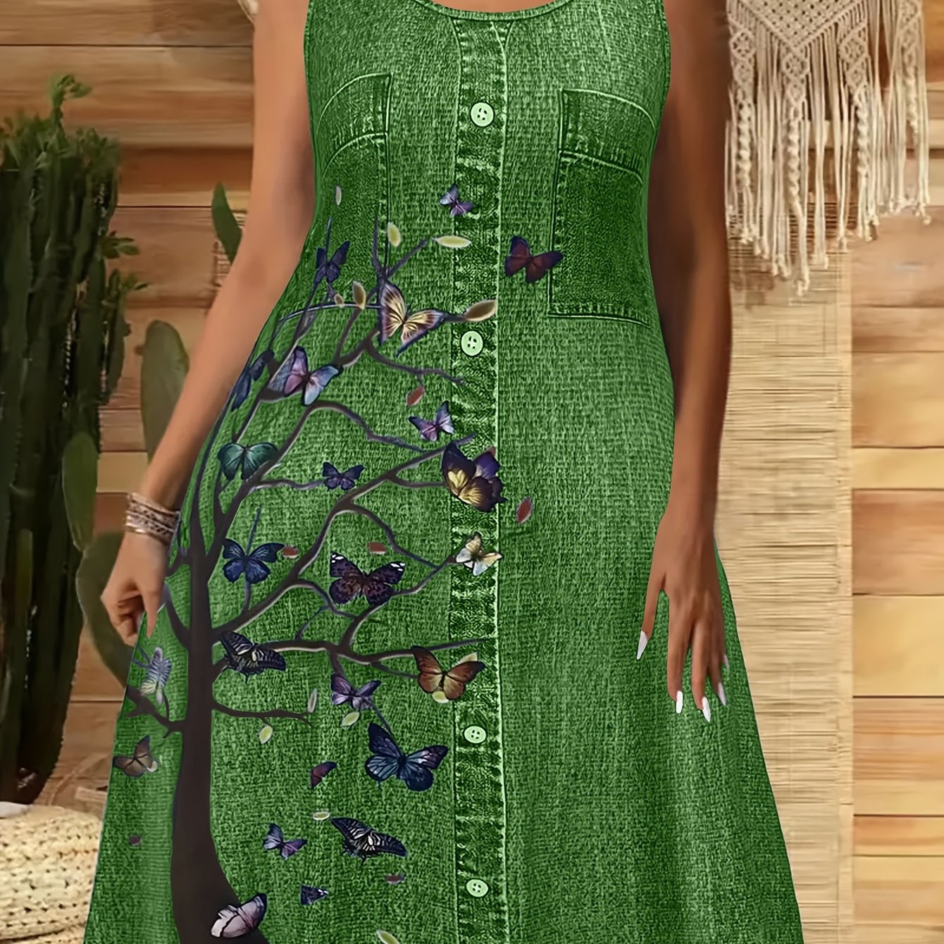 Plus Size Women's Cotton Sleep Dress with Butterfly Tree and Denim Print