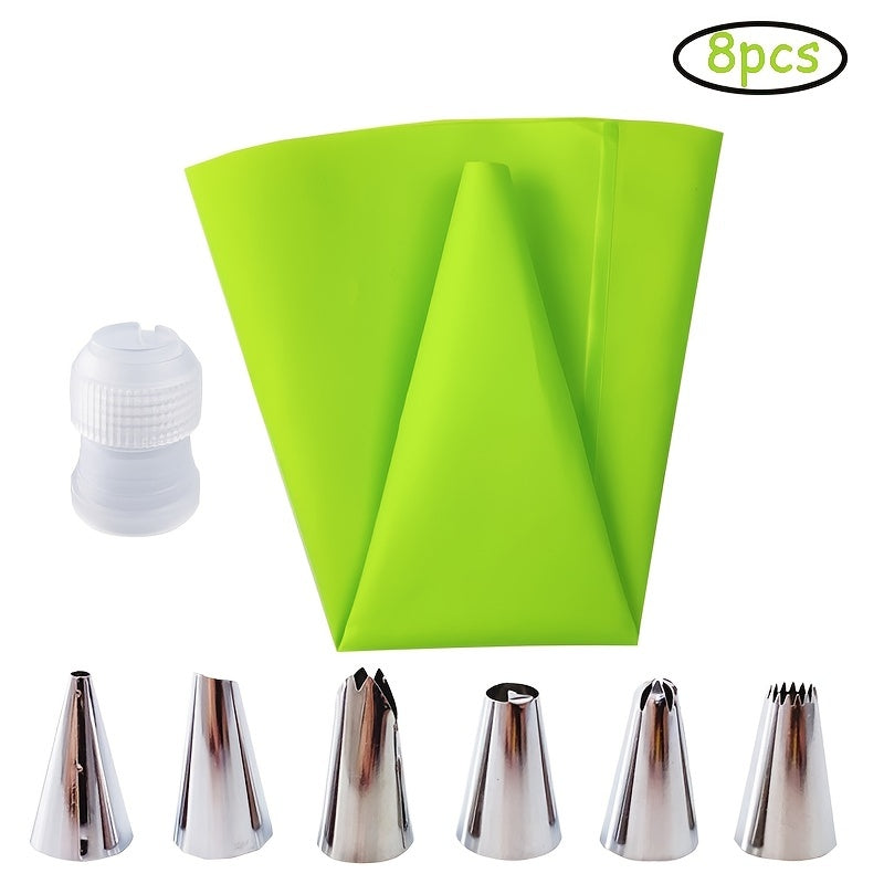 8-Piece Silicone Icing Piping Bag Set with Stainless Steel Nozzles for Cake Decorating