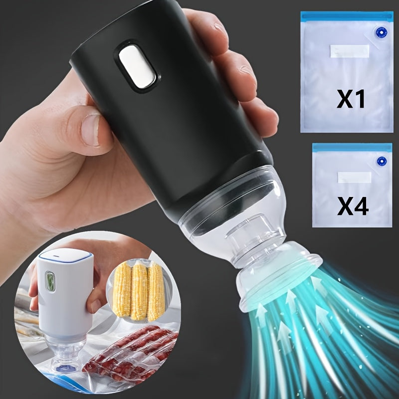 1 USB-заряжаемый электрический вакуумный запайщик и 5 вакуумных пакетов для хранения продуктов: 4 пакета размером 21 см x 22 см и 1 пакет размером 26 см x 34 см. Пакеты можно использовать повторно, они сохраняют продукты свежими дольше.