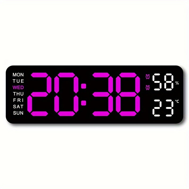 Large Digital Wall Clock with Dual Alarm Temperature Humidity Date Display