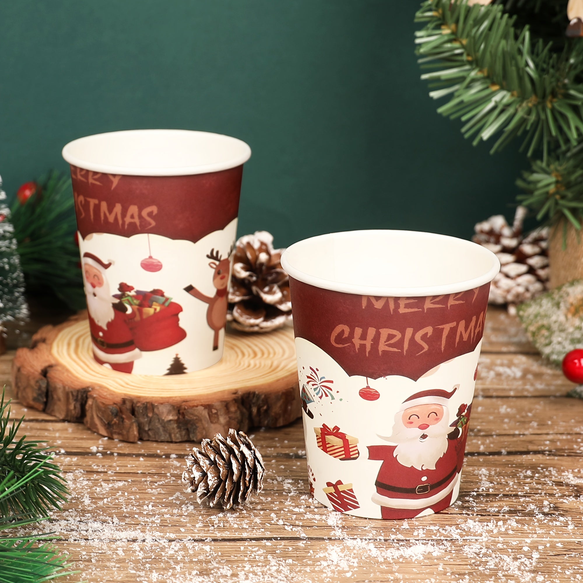 Red Christmas Disposable Paper Cups Santa Snowflake Design BPA-Free Recyclable Cold Drinks