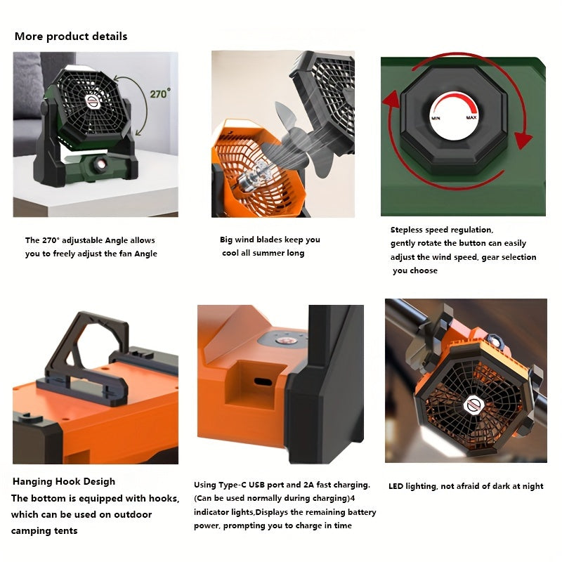 Rechargeable Camping Fan with LED Light and 7800mAh Battery, Adjustable Speed, USB Powered