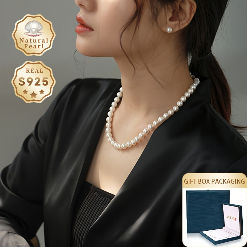 Freshwater Pearl Necklace 8-9mm S925 Silver Ingot Buckle June Birthstone Gift for Women