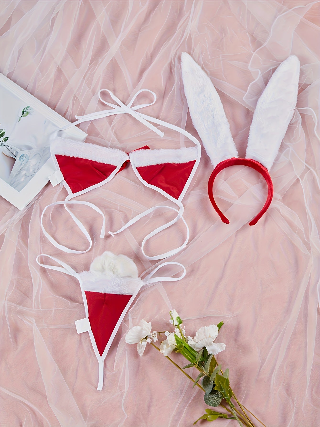 Adult Bunny Costume Set with Headband Bralette Thong and Bunny Tail