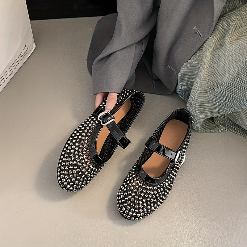 Женские плетёные кружевные сетчатые балетки-мэри джейн с стразами