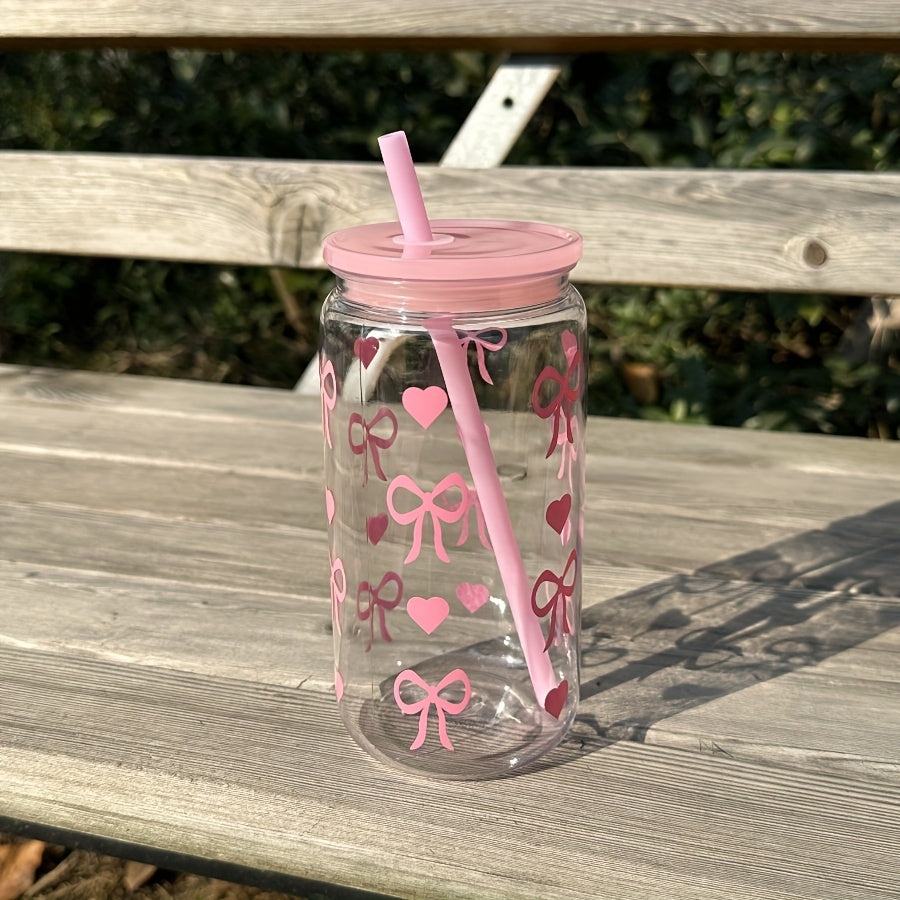 16oz Pink Bowknot Travel Mug with Straw and Lid BPA-Free Plastic