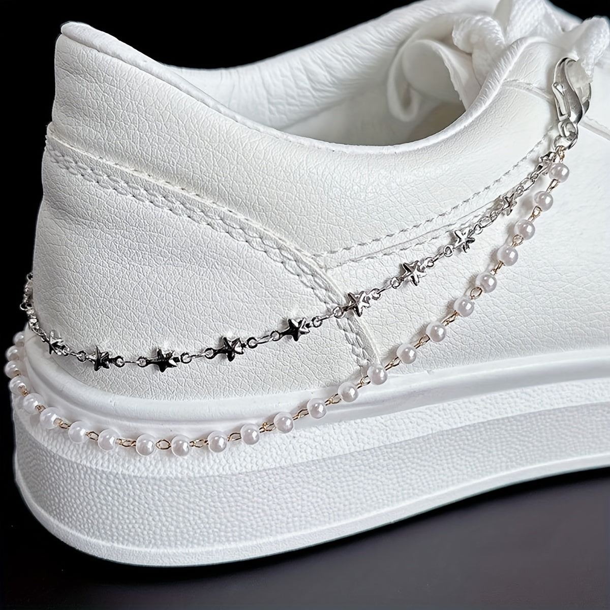 Women's Faux Pearl Shoe Chain with Star & Heart Charms for Sneakers Boots