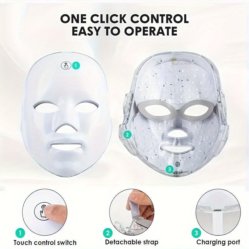 LED Facial Mask with 7 Colors, USB Rechargeable, Detachable Strap, Low Voltage