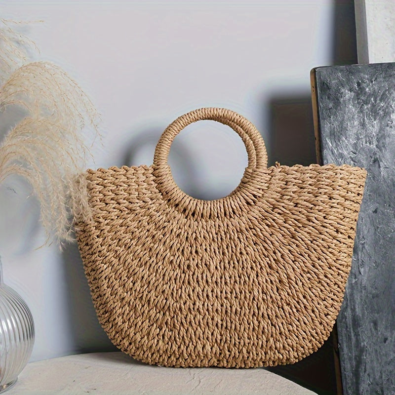 Women's Straw Crescent Bag Vintage Woven Shoulder Bag Beige Khaki