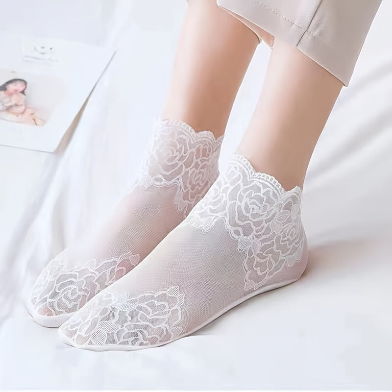 Women's Lace-Trimmed Mesh Socks Set 5 Pairs Floral Rose Summer Lightweight