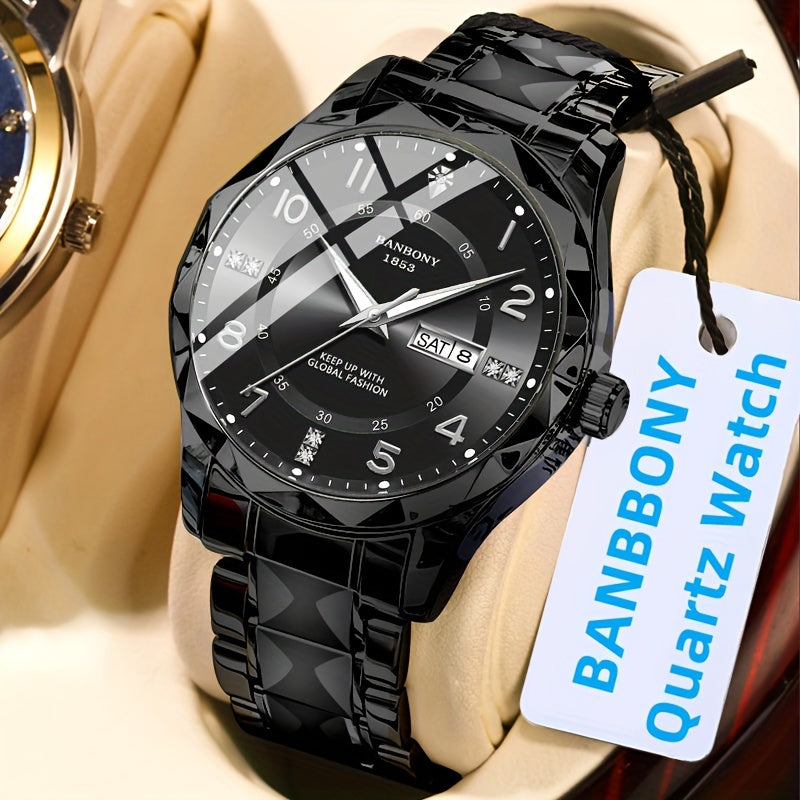 Men's Stainless Steel Quartz Watch with Roman Numeral Dial and Date Calendar