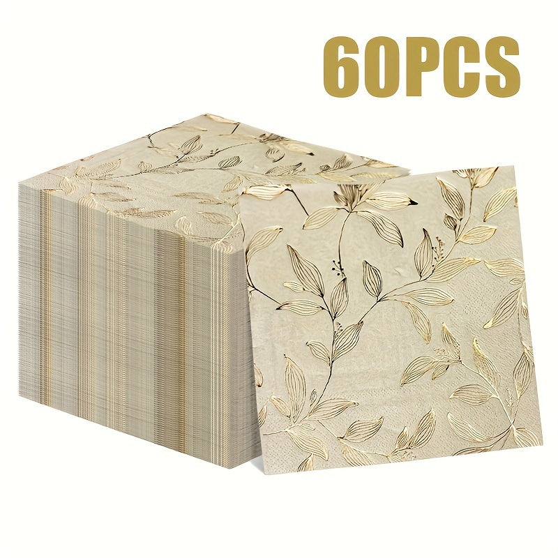 Pack of 60 Gold Leaf Pattern Square Paper Napkins 2-Ply Disposable 33cm