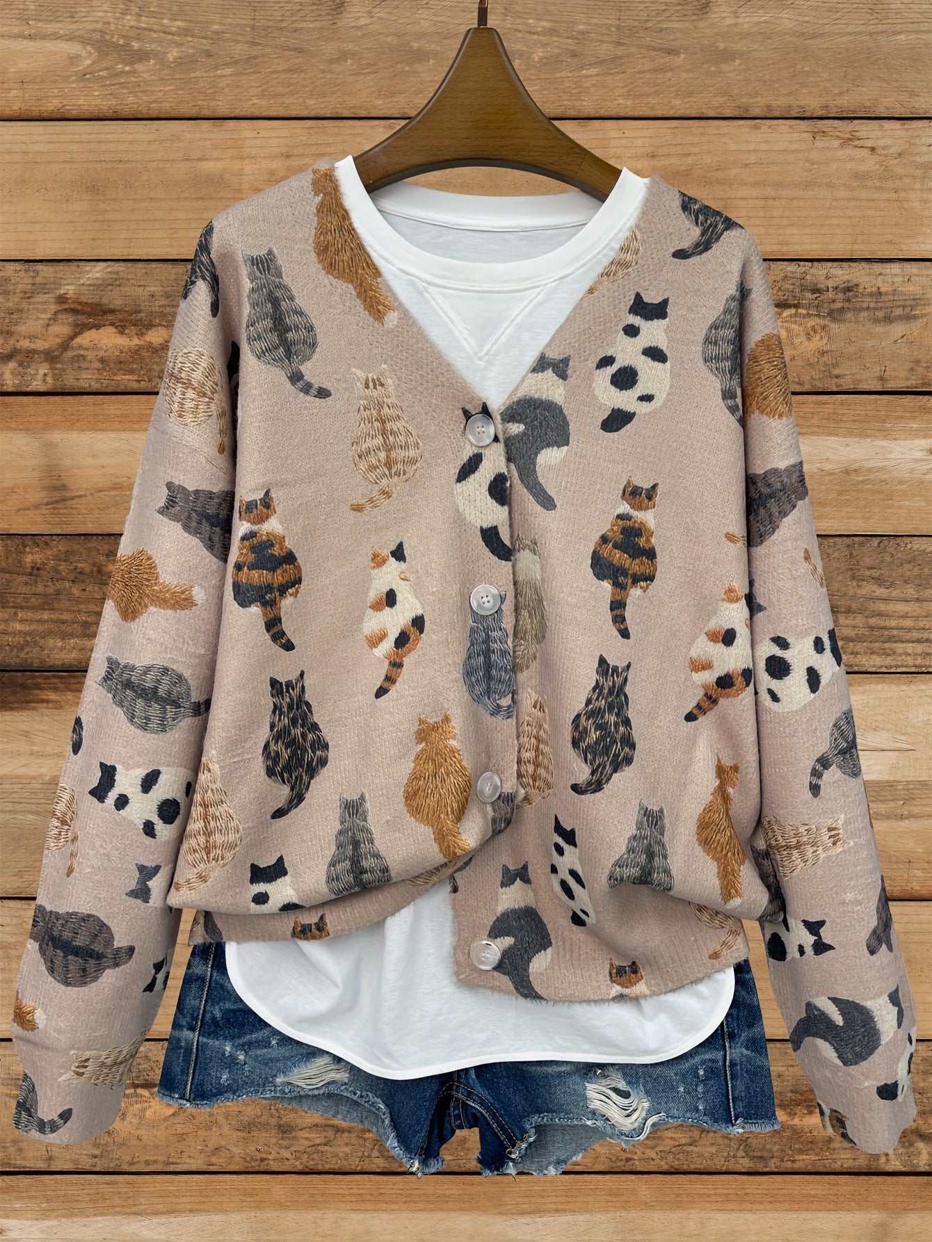 Cárdigan de punto oversize con estampado de gatos y cuello en V para mujer