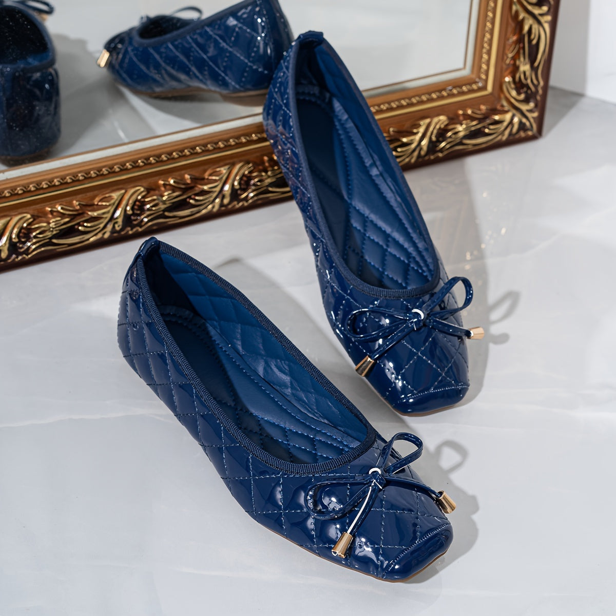 Zapatos planos de charol bordados para mujer con punta cuadrada, nudo de mariposa, cómodos para todas las estaciones