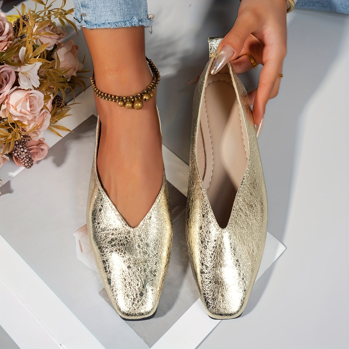 Women's Square Toe Flat Shoes Leather Low Heel Comfortable Work Shoes