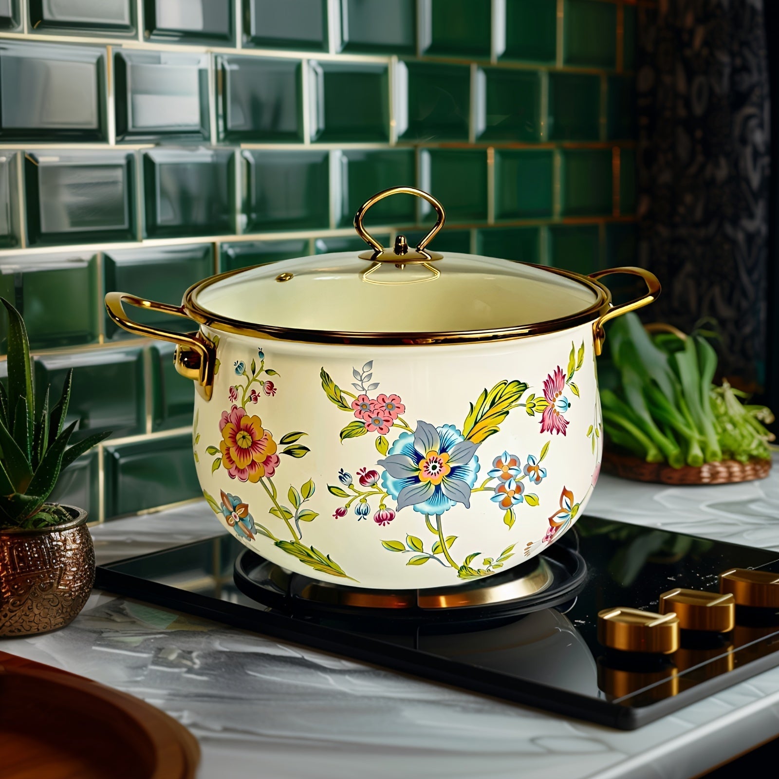 Enamel Double-Handled Soup Pot 5L Non-Stick Dishwasher Safe Floral Design