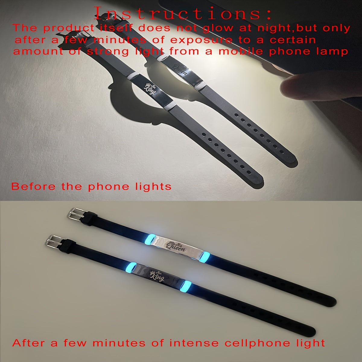 "HER KING" va "HIS QUEEN" dizayni bilan mos keladigan taxtalar juftligi, porlaydigan silikon materialdan tayyorlangan, juftlar uchun mukammal.