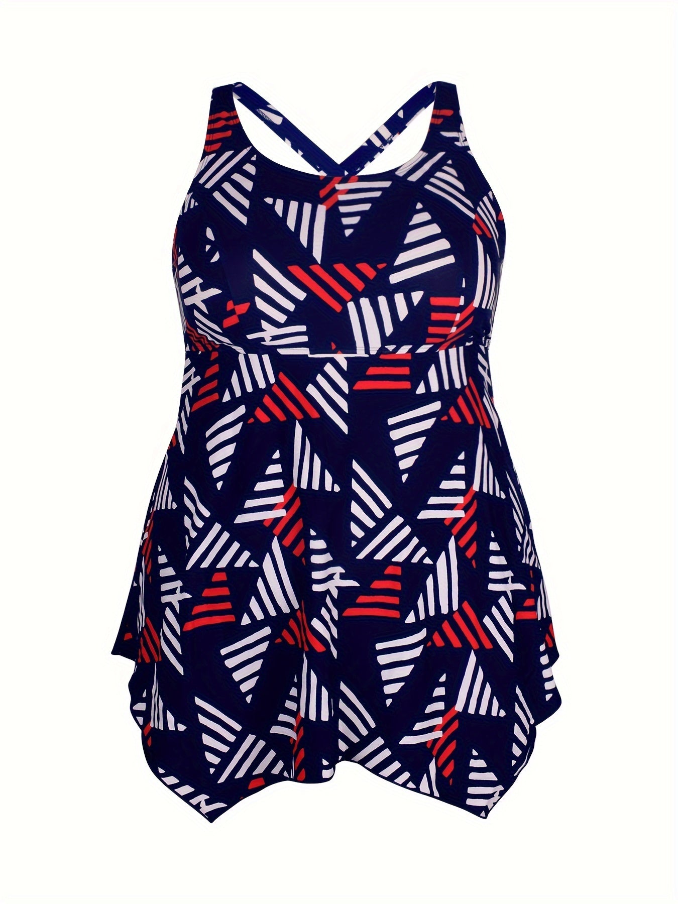 Plus Size Women's Tankini Swimsuit with Geometric Pattern and High Stretch Fabric