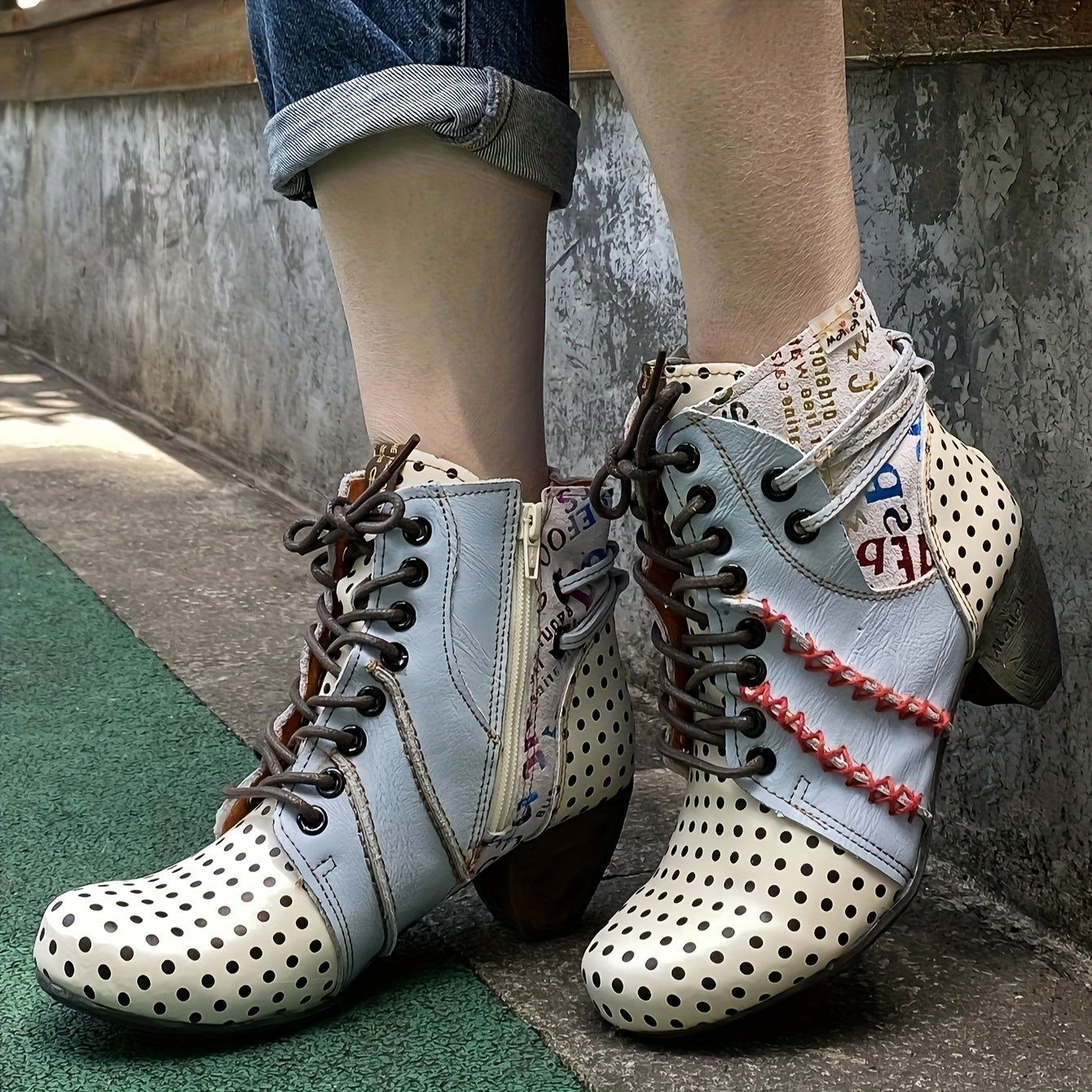 Women's Polka Dot Ankle Boots Mid-Heel Sequin Lettering Lace-Up