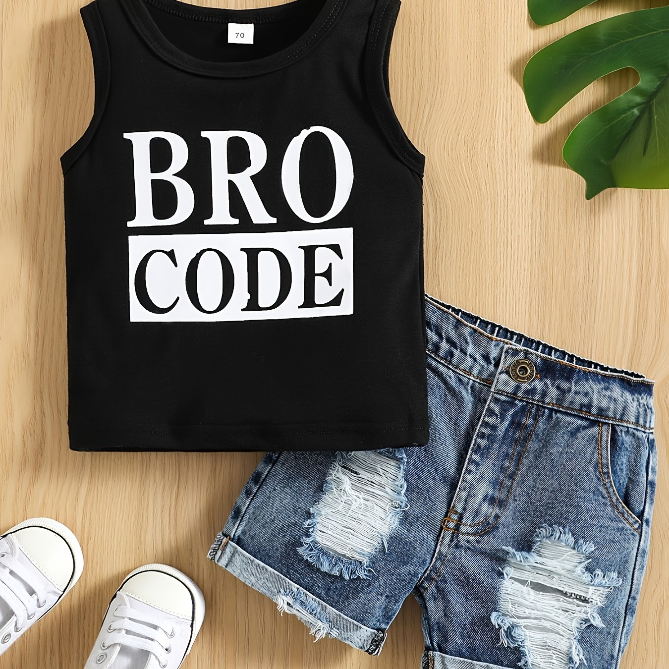 Kids Summer Outfit for Boys 2-Piece Casual Set with Black Letter Print Tank Top and Ripped Shorts