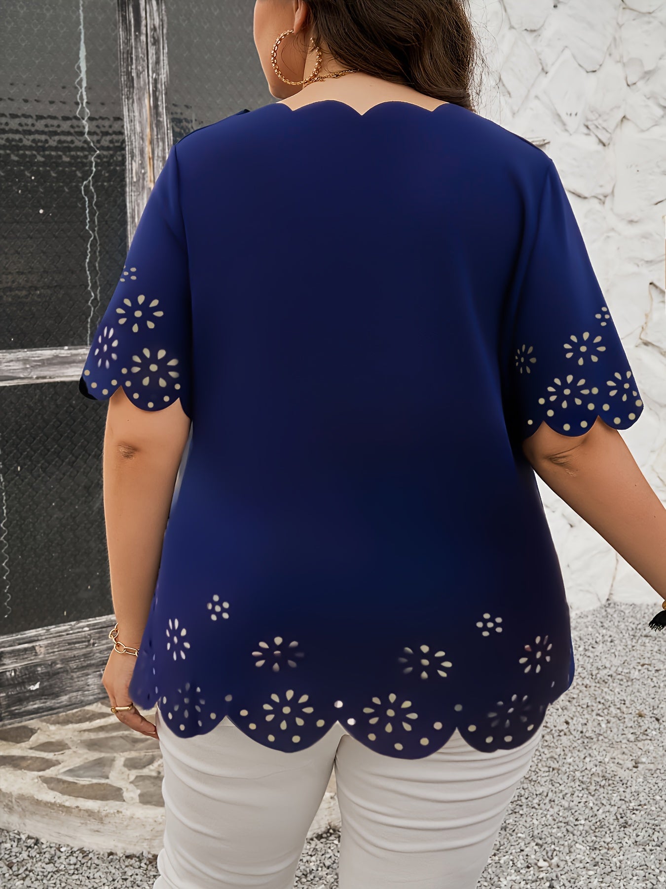 Women's Floral Lace Top Burnt Orange Sheer Short Sleeve Blouse