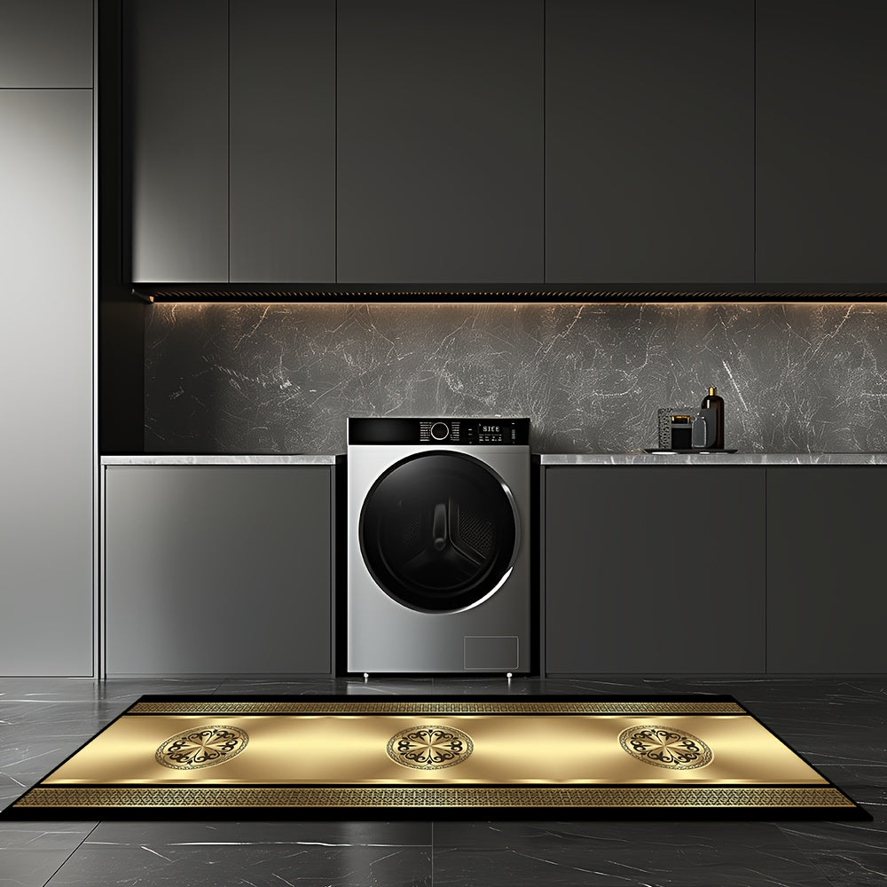 Yevropa uslubidagi mehmonxona kirish gilamasi, oltin naqshli, dog'ga chidamli velur