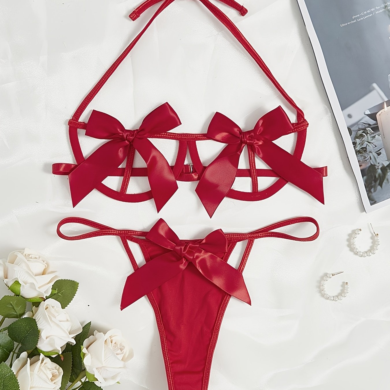 Women's Lace Lingerie Set with Bow, Soft Material, Comfortable Fit