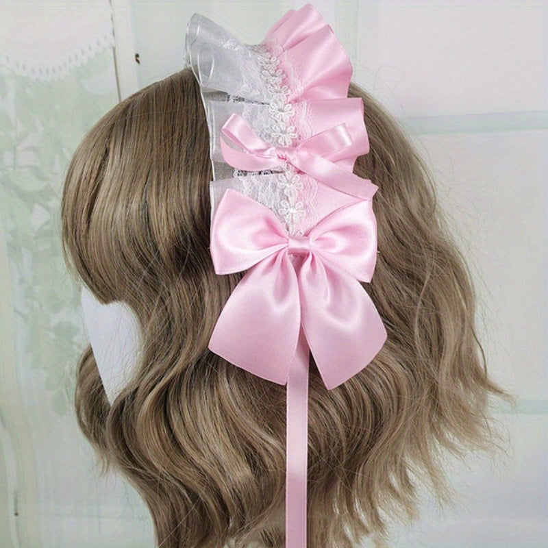 Ruffled Lace Ribbon Bow Headband with Hairpins for Girls in Contrasting Colors