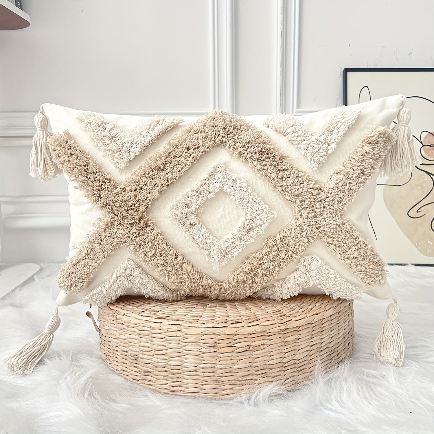 Bohemian Throw Pillow Cover Beige Khaki Textured Canvas Geometric Tribal Embroidery