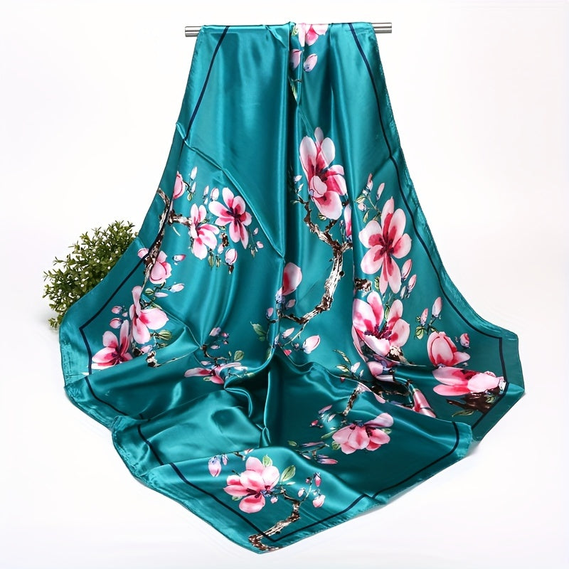 Navy Blue Floral Satin Square Scarf with Pink Flower Design and Elegant Border