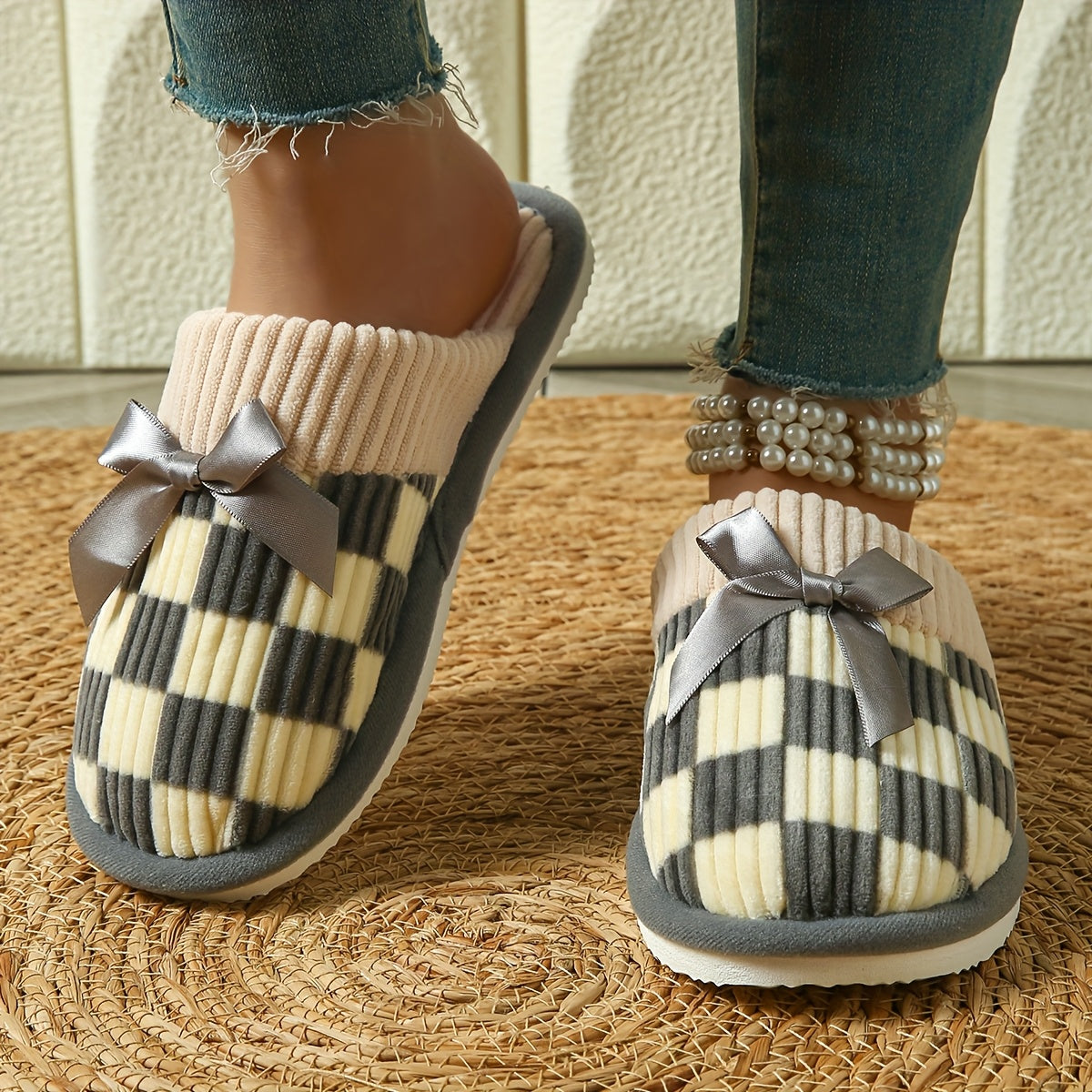 Unisex Plush Slip-On House Shoes Beige Black White Gray Indoor Comfort