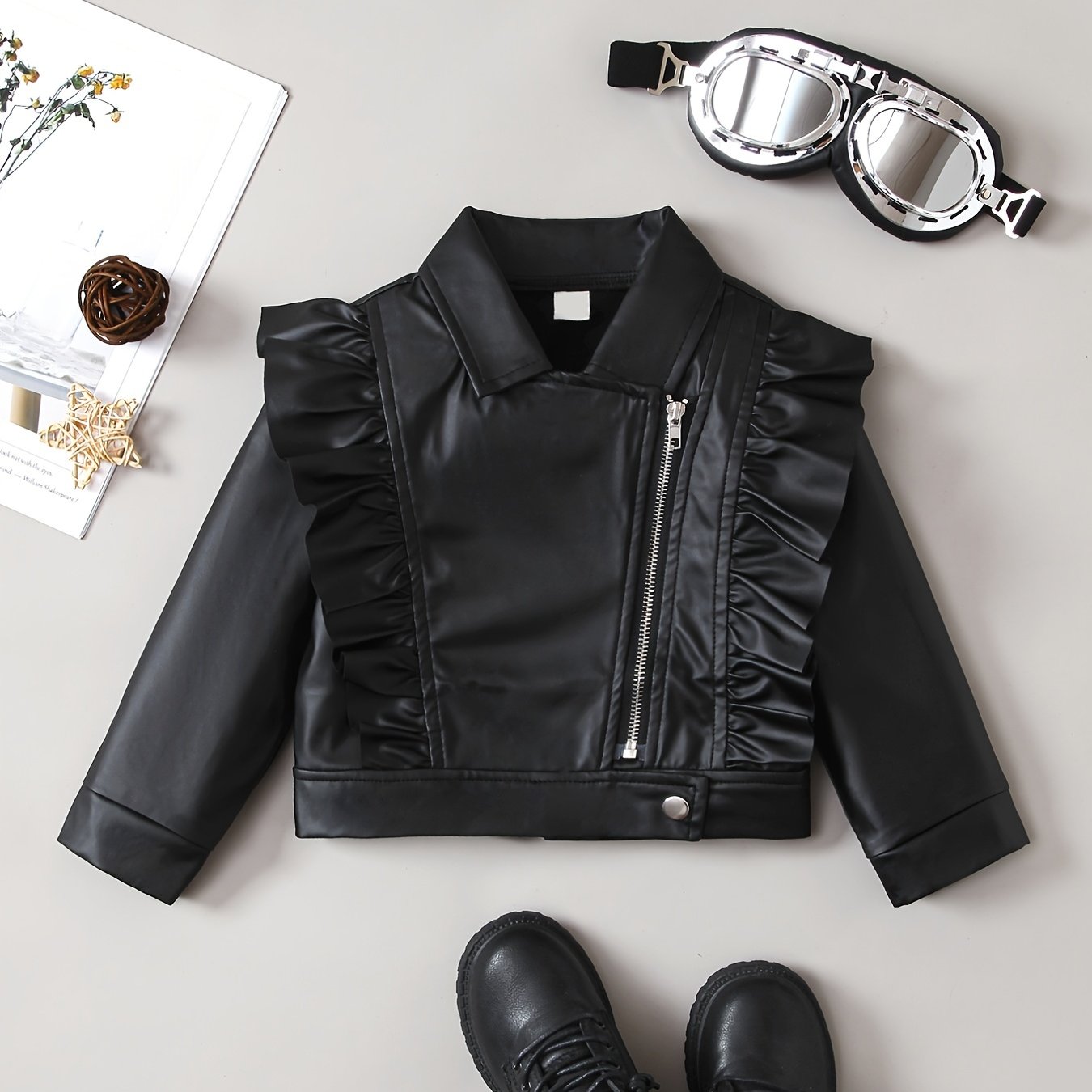 Girls' Brown Boho Chic Jacket with Ruffled Collar Long Sleeves Zipper and Button Closure for Kids