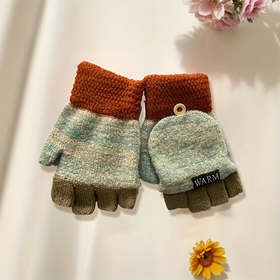 Women's Convertible Knit Gloves Windproof Cold-Resistant Cashmere Half-Finger with Flip Cover