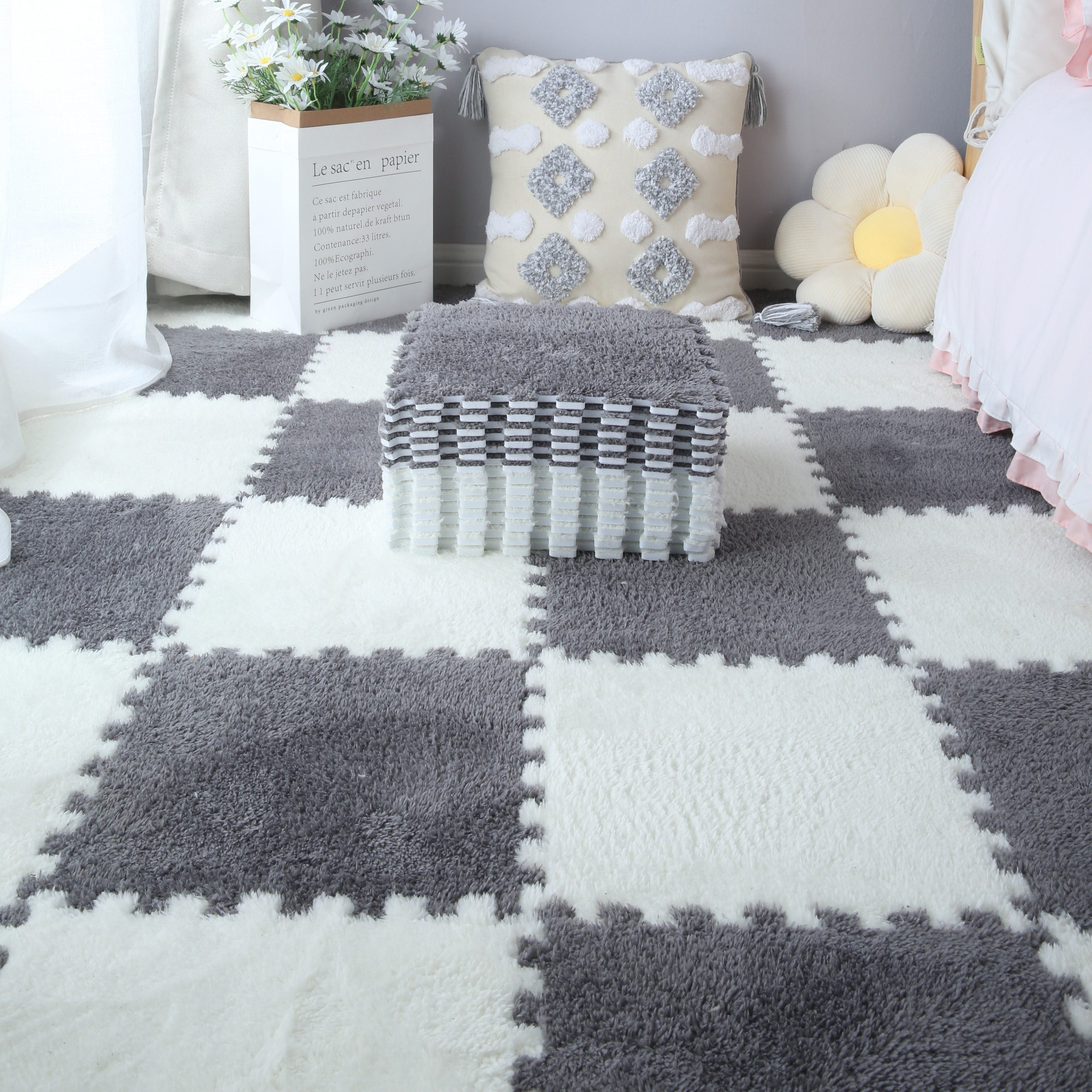 Set of 10 Interlocking Foam Play Mats for Kids and Pets Non-Slip Floor Tiles in Black Gray White