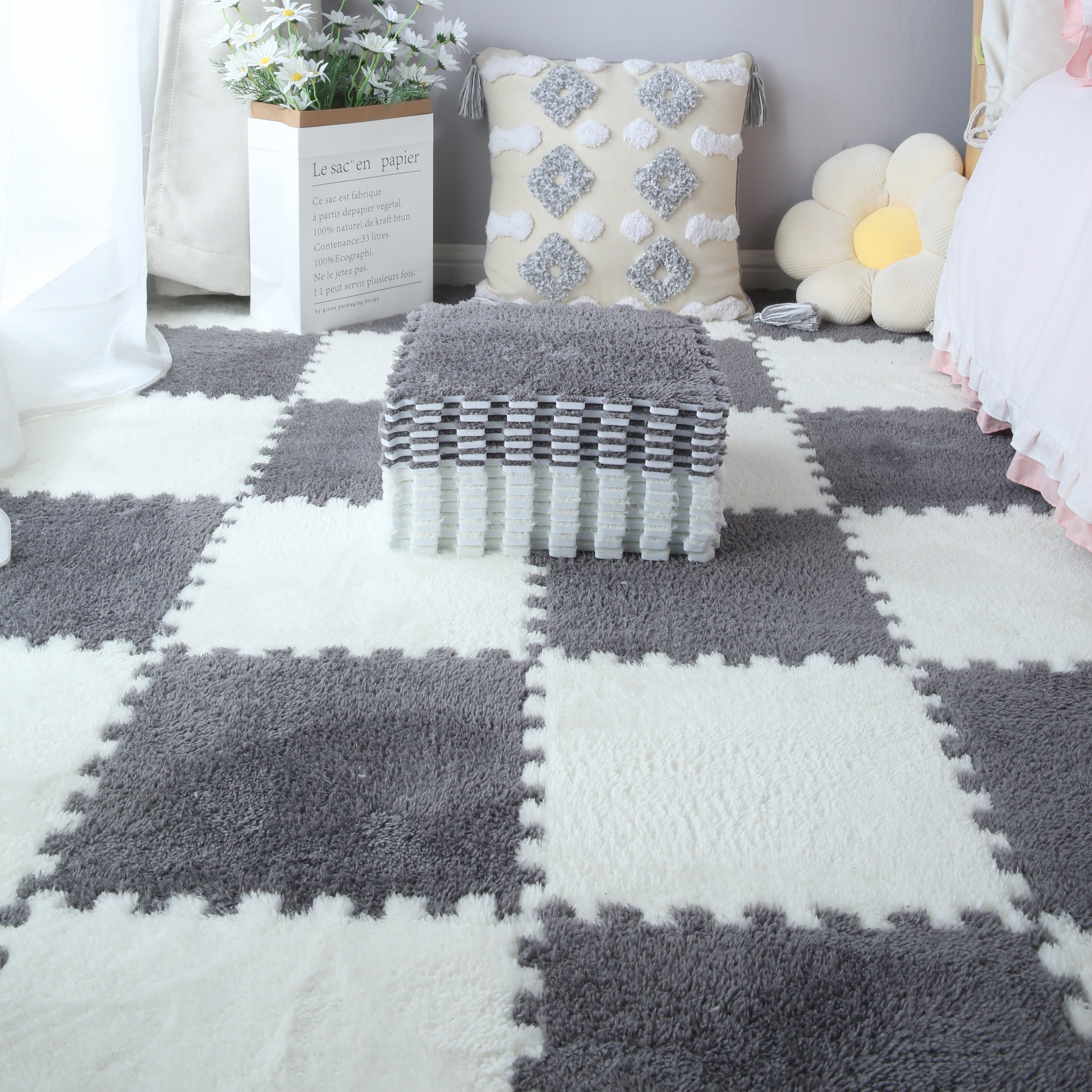 Set of 10 Interlocking Foam Play Mats for Kids and Pets Non-Slip Floor Tiles in Black Gray White