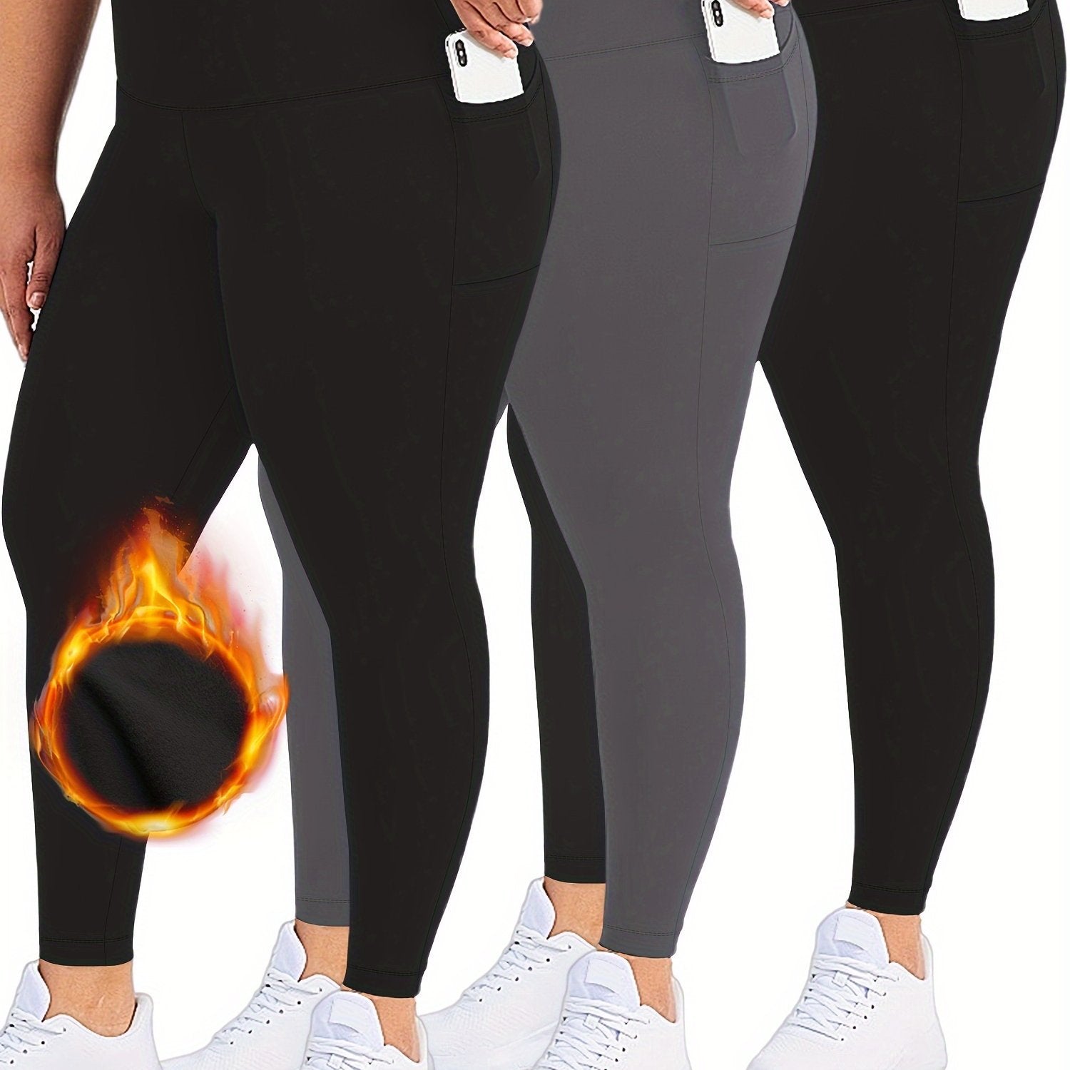 Plus Size Women's Fleece Lined Yoga Leggings Set with Phone Pockets