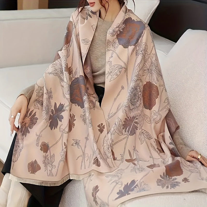 Women’s Warm Imitation Cashmere Scarf with Plant Print for Winter