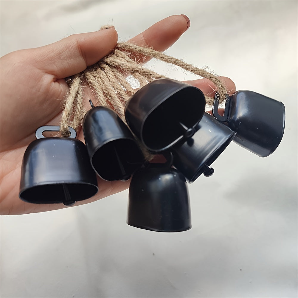 Set of 6 Cast Iron Cowbells with Rope for Decorations and Pet Accessories