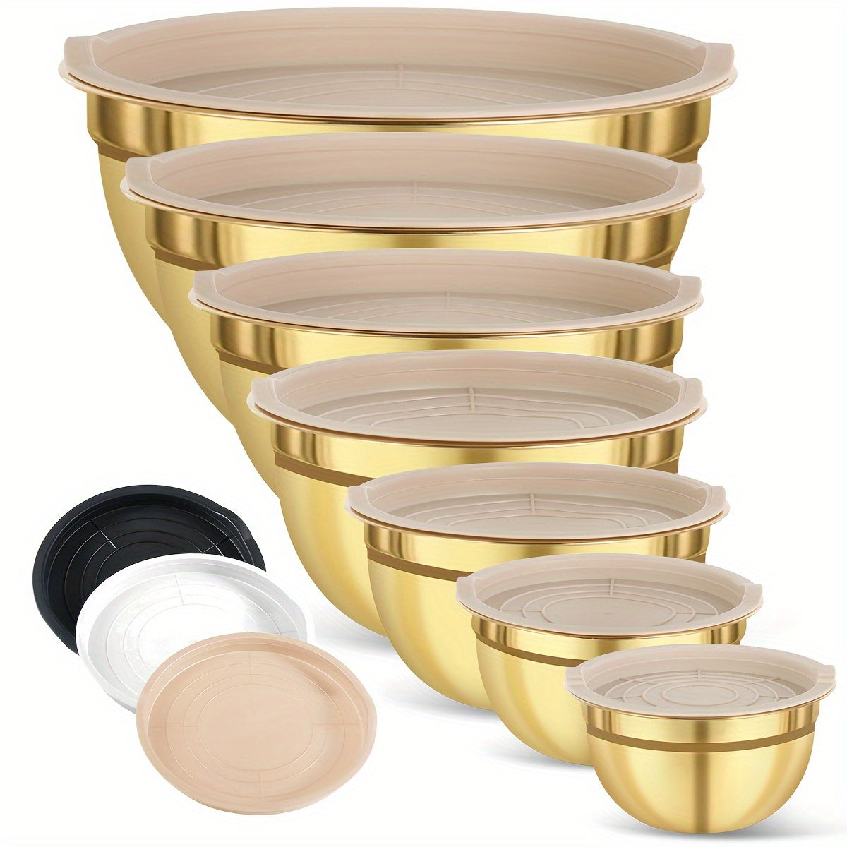 Stainless Steel Mixing Bowl Set with Lids, Gold, Various Sizes, Dishwasher Safe