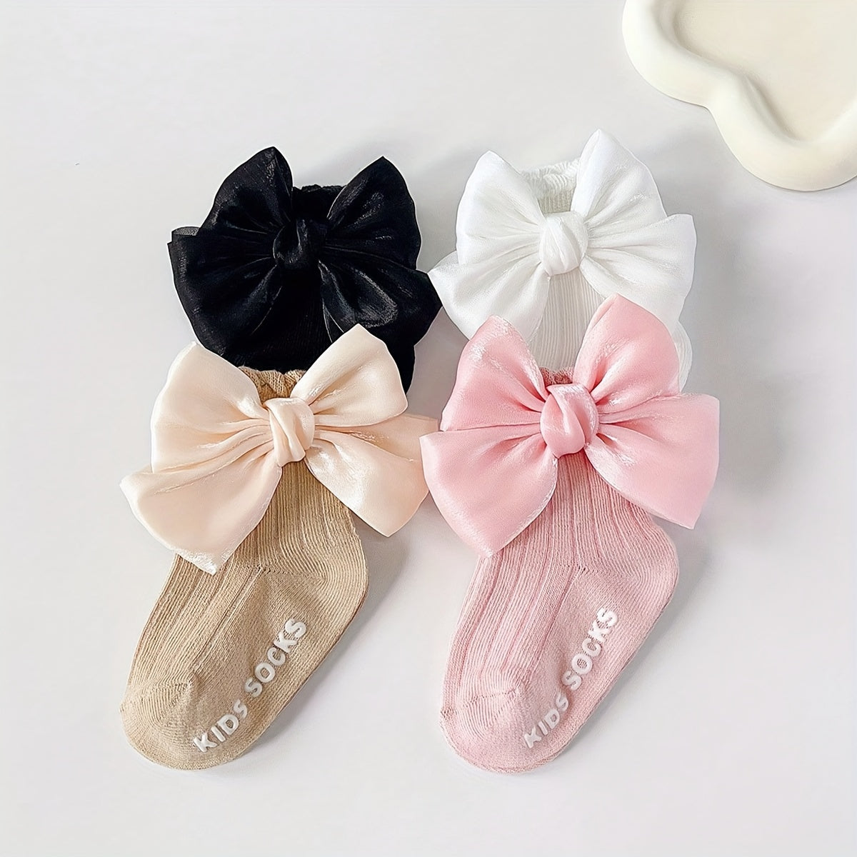 Girls' Mid-Calf Socks 4 Pairs Breathable Knit with 3D Bow in Black White Pink Beige