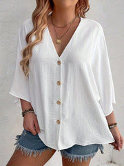 Plus Size Women's V-Neck Long Sleeve Blouse Polyester Button Front Solid White Relaxed Fit