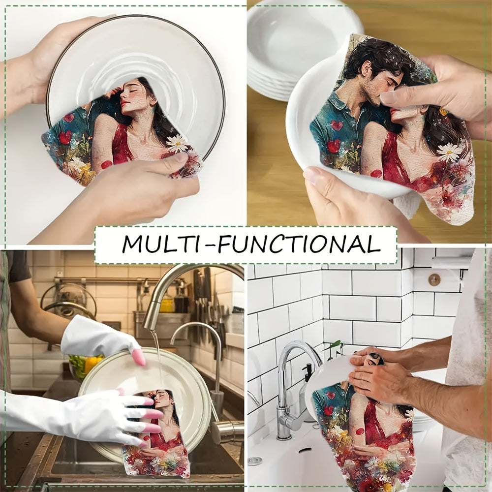 Набор из 2 романтических кухонных полотенец в акварельном стиле, мягкие, впитывающие, 40x60 см